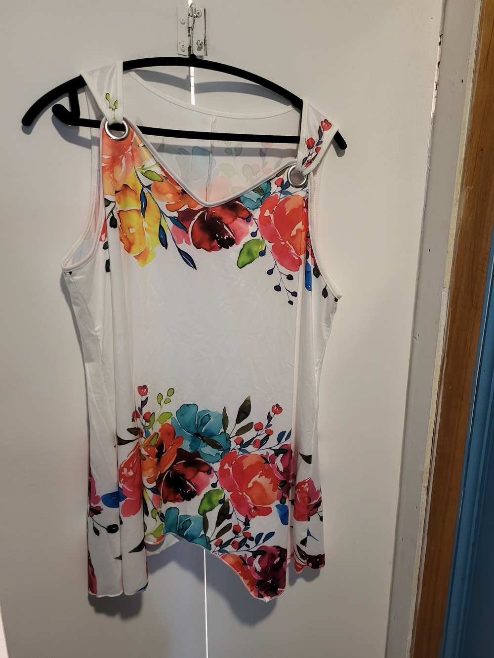 White Floral Sleeveless Tunic with Grommet Strap Detail